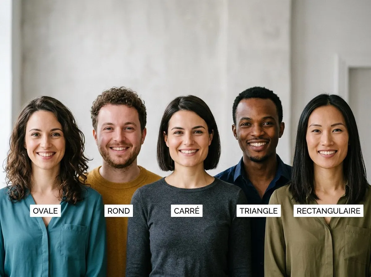 Les cinq morphologies de visage : ovale, rond, carré, triangle, rectangulaire