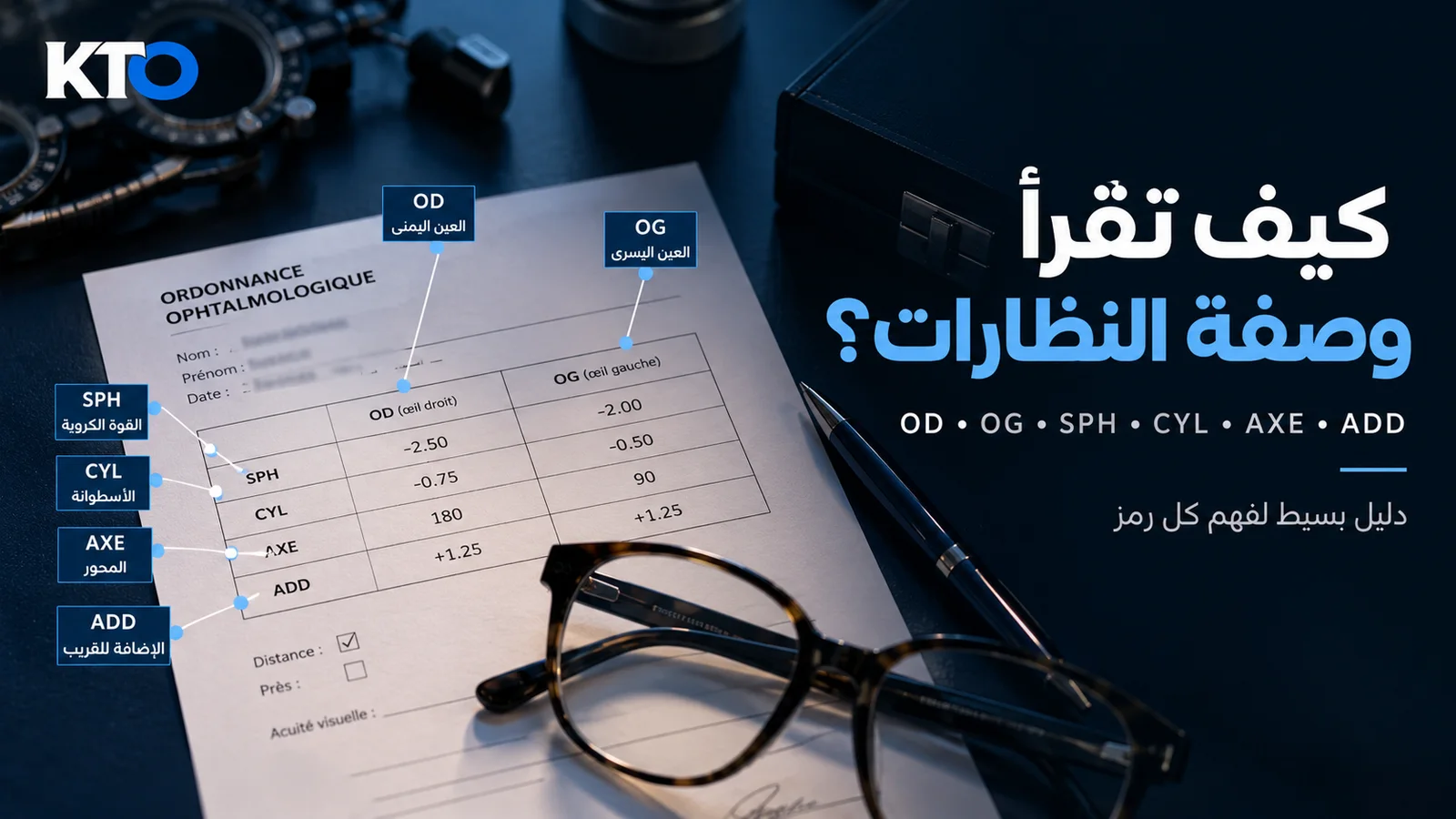 قراءة وصفة طبيب العيون — OD وOG وSPH وCYL وAXE وADD
