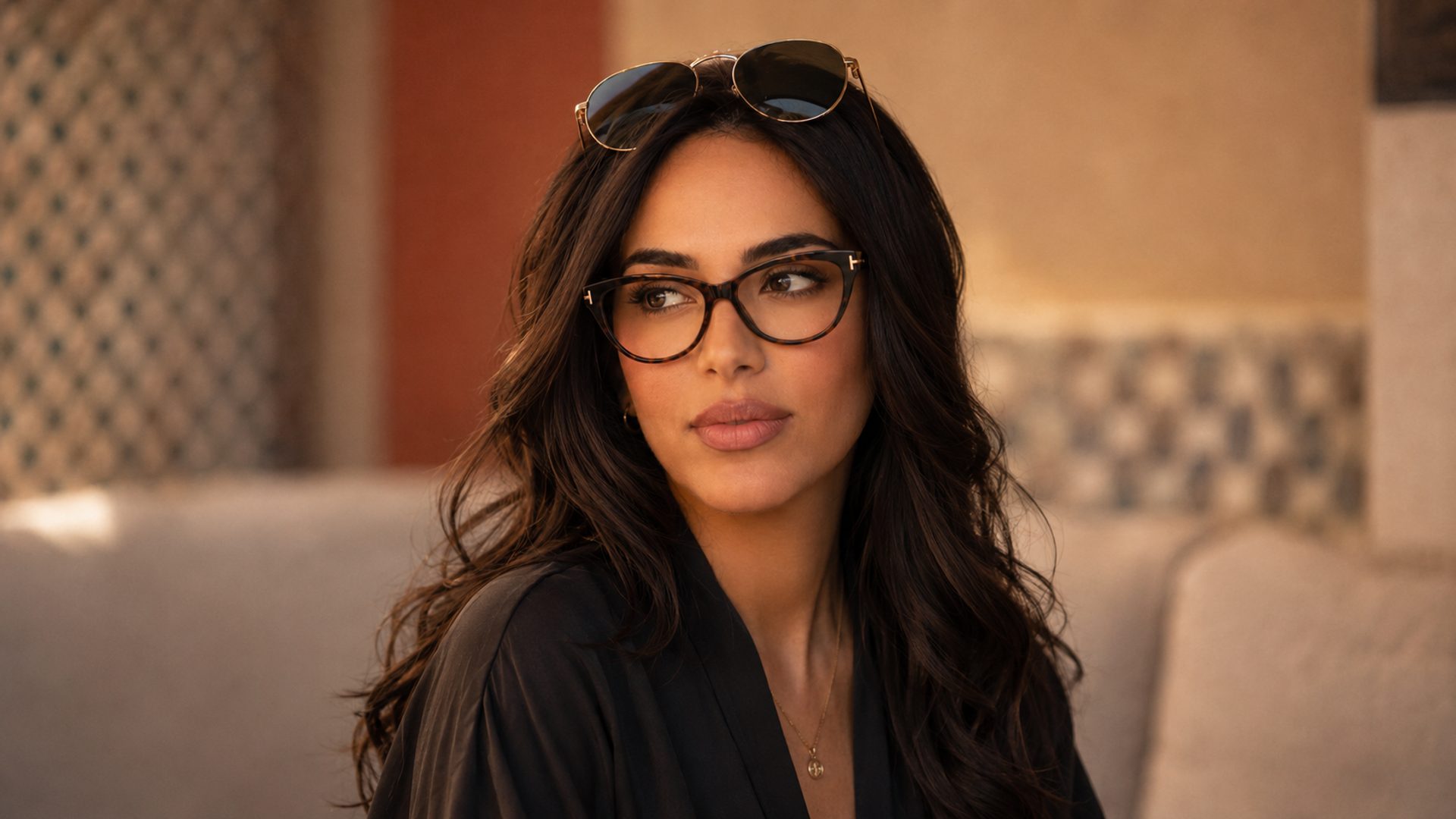Femme portant des lunettes de vue Tom Ford et solaires Ray-Ban authentiques chez KTO Kadata Théa Optique, opticien à Salé au Maroc — livraison Salé, Rabat et tout le Maroc